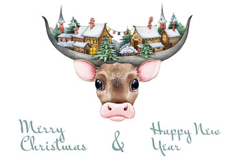 Funny bull (cow) with big horns and christmas village watercolor illustration. Hand drawn zodiac symbol of 2021 year with trees and houses. New year mascot with winter greetings on white background 