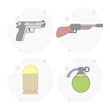 pistol, hand grenade, bullet, gun, weapons vector flat illustration on white background
