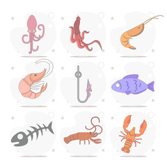 sea food vector flat illustration on white background set with shrimp, squid, cancer