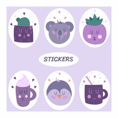 Set of six stickers. Cute vector illustration.