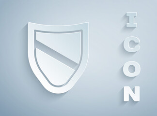 Paper cut Shield icon isolated on grey background. Guard sign. Security, safety, protection, privacy concept. Paper art style. Vector.