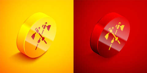 Isometric Crossed medieval axes icon isolated on orange and red background. Battle axe, executioner axe. Medieval weapon. Circle button. Vector.