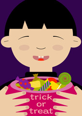 halloween card featuring asian boy holding candy pot on purple background