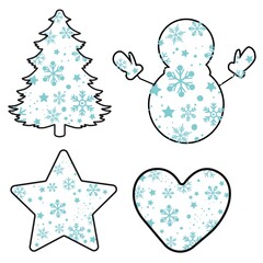 Set of Print Hand-drawing silhouette background collection. Vector heart, star, pine tree, snowman decoration. Element for design.