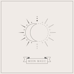 Moon magic. Abstract Boho Moon or star. Thin line style. Minimalistic outline Icon. Logo template. Trendy Vector illustration. Astrology, esoteric, alchemy concept. Icon is isolated on gray background