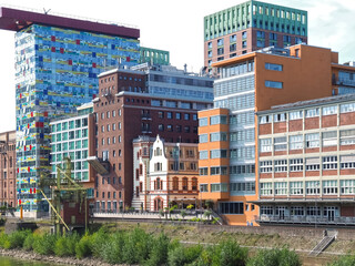 Beautiful architecture at the media harbor with a mix of old and modern buildings in Duesseldorf