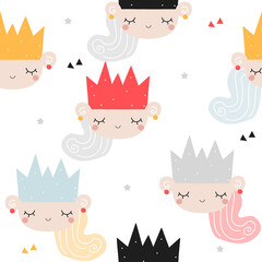 Seamless pattern with funny princess. Kids cute print. Vector hand drawn illustration.