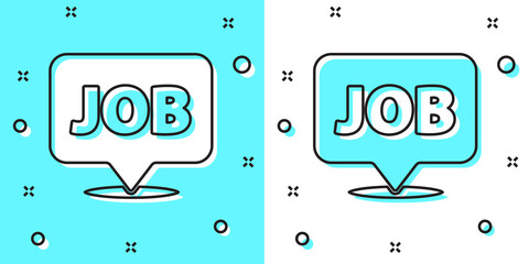 Black line Speech bubble with job icon isolated on green and white background. Recruitment or selection concept. Search for employees and job. Random dynamic shapes. Vector.