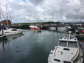 Fototapeta premium A view of Padstow Harbour in Cornwall showing the fishing boats in the evening