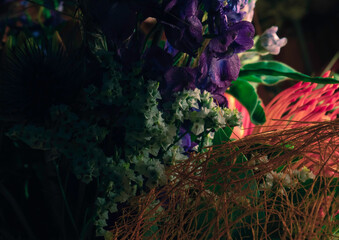 flowers isolated on black background. Floral arrangement, bouquet of garden flowers. 