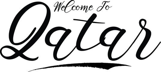 Welcome To Qatar Handwritten Font Calligraphy Black Color Text 
on White Background