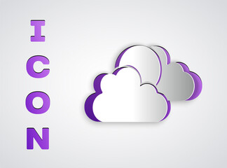 Paper cut Sun and cloud weather icon isolated on grey background. Paper art style. Vector.