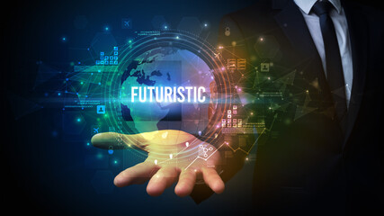 Elegant hand holding FUTURISTIC inscription, digital technology concept