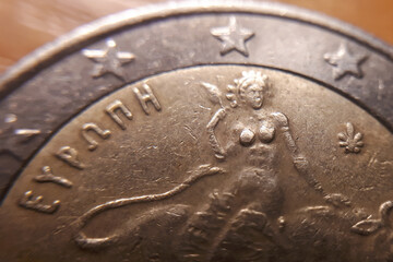 Macro 2 Euro coin. Extreme close up of a Greek two euro coins