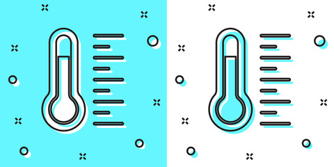 Black line Meteorology thermometer measuring icon isolated on green and white background. Thermometer equipment showing hot or cold weather. Random dynamic shapes. Vector.