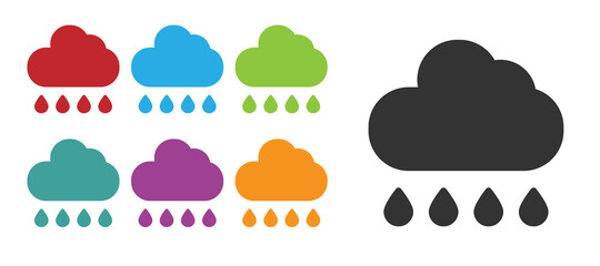 Black Cloud with rain icon isolated on white background. Rain cloud precipitation with rain drops. Set icons colorful. Vector.