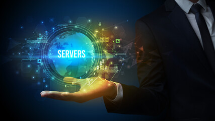 Fototapeta premium Elegant hand holding SERVERS inscription, digital technology concept