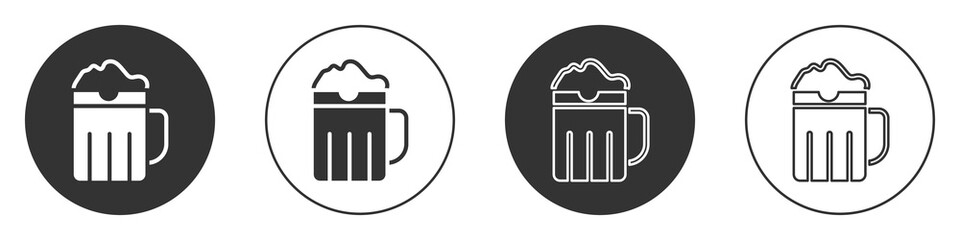 Black Wooden beer mug icon isolated on white background. Circle button. Vector.