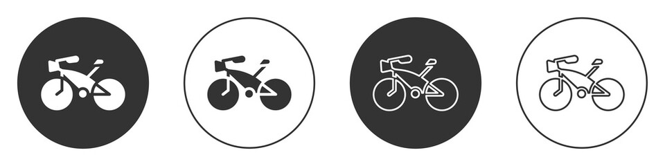 Black Bicycle icon isolated on white background. Bike race. Extreme sport. Sport equipment. Circle button. Vector.
