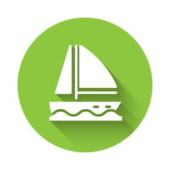 White Yacht sailboat or sailing ship icon isolated with long shadow. Sail boat marine cruise travel. Green circle button. Vector.