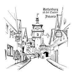 Vector sketch of White tower or Weisser Turm in medieval old town of Rothenburg ob der Tauber, Bavaria
