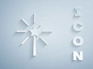 Paper cut Firework icon isolated on grey background. Concept of fun party. Explosive pyrotechnic symbol. Paper art style. Vector.