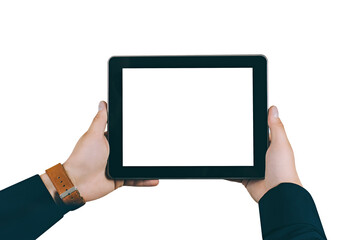 Isolate. Mock up tablet, in the hands of a man. On a white background.