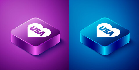 Isometric USA Independence day icon isolated on blue and purple background. 4th of July. United States of America country. Square button. Vector.