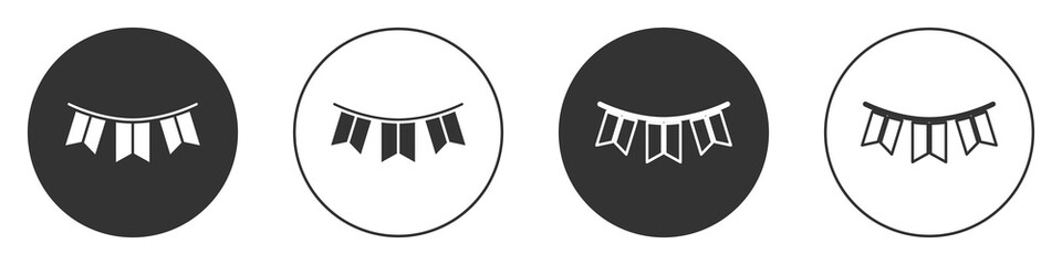 Black Carnival garland with flags icon isolated on white background. Party pennants for birthday celebration, festival decoration. Circle button. Vector.