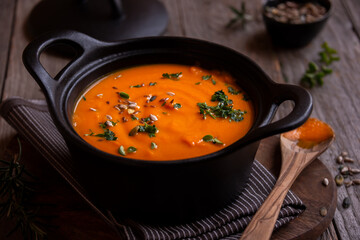 Hot pumpkin soup in cooking pot on dark background
