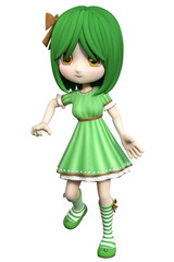 3d Illustration of a cute little toon girl doll dressed in a green outfit and posing against a white background.