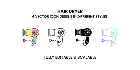 Hair dryer vector icon in colored outline, flat, glyph, line and gradient