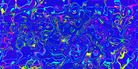 Abstract pink yellow and red lines wavy stripes on blue background.