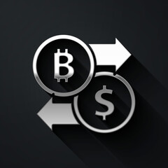 Silver Cryptocurrency exchange icon isolated on black background. Bitcoin to dollar exchange icon. Cryptocurrency technology, mobile banking. Long shadow style. Vector.