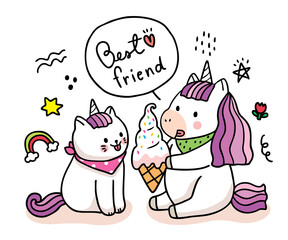 Cartoon cute friends, Unicorn sharing ice cream cat vector.