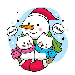 Cartoon cute winter, Snowman hugging two white cats vector.