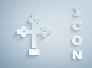 Paper cut Christian cross icon isolated on grey background. Church cross. Paper art style. Vector.