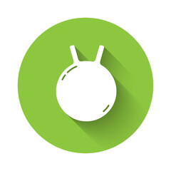 White Kettlebell icon isolated with long shadow. Sport equipment. Green circle button. Vector.