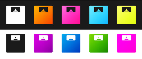 Set Bathroom scales icon isolated on black and white background. Weight measure Equipment. Weight Scale fitness sport concept. Vector.