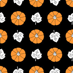 Orange Pumpkins with white leaves on a black background. Seamless vector pattern. Autumn illustrations for holiday decorations, cards, banners, wrappings, prints, fabrics, wrapping papers, textiles.