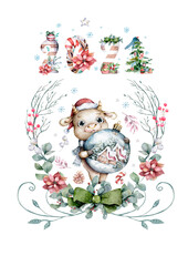 Year of the bull 2021. New year illustration. Hand drawn watercolor cute baby bull with spruce tree. Nursery clip art. Christmas greeting card.