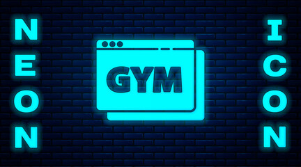 Glowing neon Online fitness and training icon isolated on brick wall background. Vector.