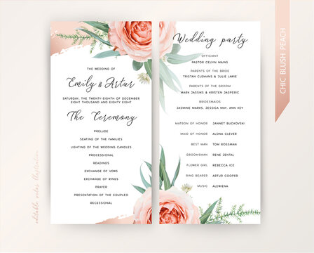 Wedding ceremony & program floral design. Blush peach rose flowers, greenery asparagus fern, eucalyptus leaves, cinnamon rose gold metallic brush stroke decoration. Elegant stylish vector template set