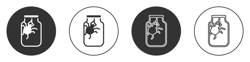 Black Spider in jar icon isolated on white background. Happy Halloween party. Circle button. Vector.
