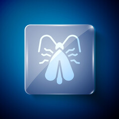 White Clothes moth icon isolated on blue background. Square glass panels. Vector.