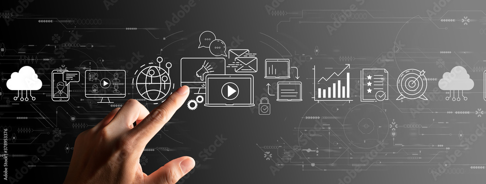 Poster Digital marketing with person hand using a smart computer on grey background.