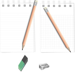 Notebook,pencil and eraser, a set of stationary on white background. Vector illustration