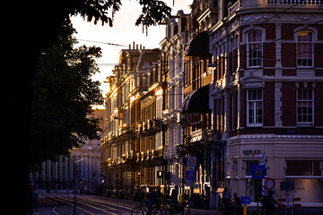 Fototapeta na wymiar Amsterdam canal houses during the sunset in the summer