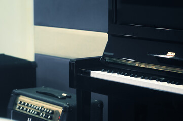 Fototapeta na wymiar Close up Piano player keypad. Selective focus