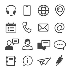 Support, contact, call center line and bold black silhouette icons set isolated on white.